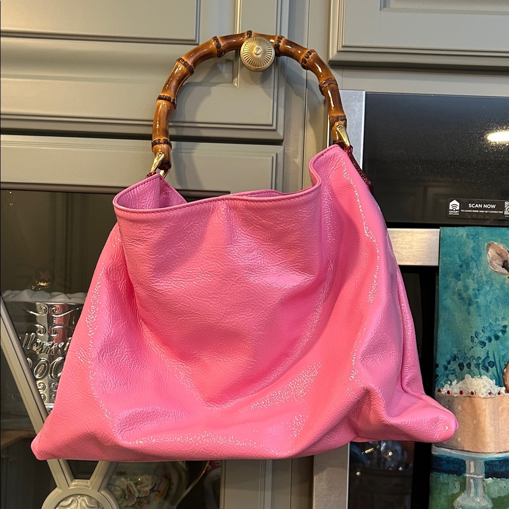 Frances Valentine Pink Patent Leather Hobo Bag with Bamboo Handle